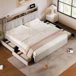 Double Bed, 4 Drawers USB C, Upholstered Adjustable Headboard, Wood