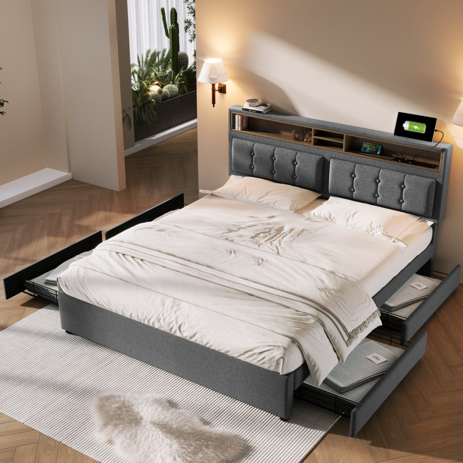 Double Bed, Upholstered with 4 Drawers & USB-C, 140x200cm, Wood Frame