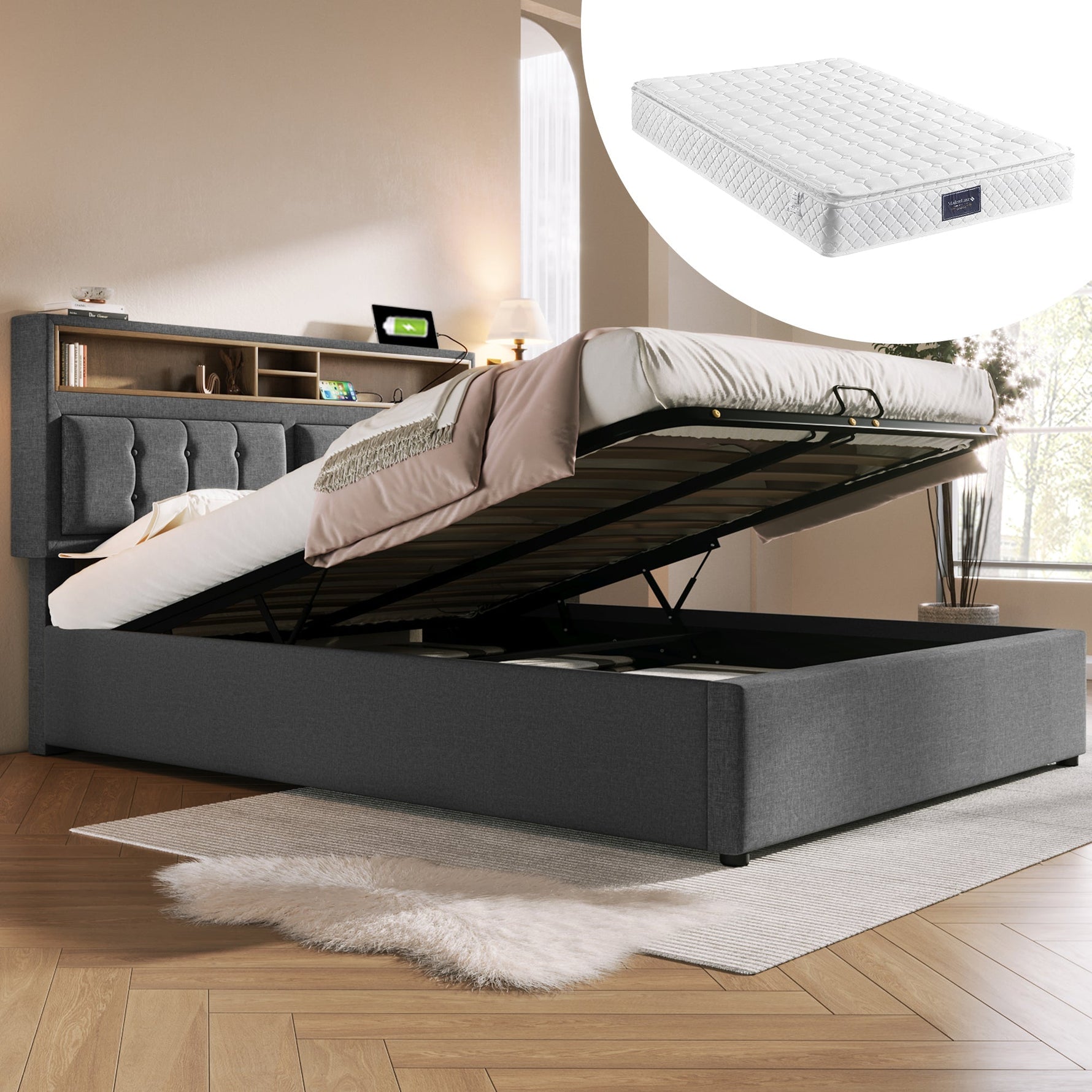 Upholstered Double Bed with USB C, Storage & Slatted Frame, Linen