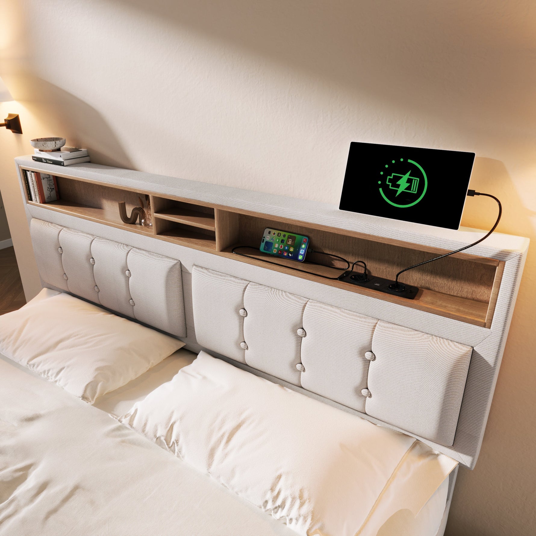 Double Bed 4 Drawers USB C Socket Adjustable Headboard Upholstered 140x200cm