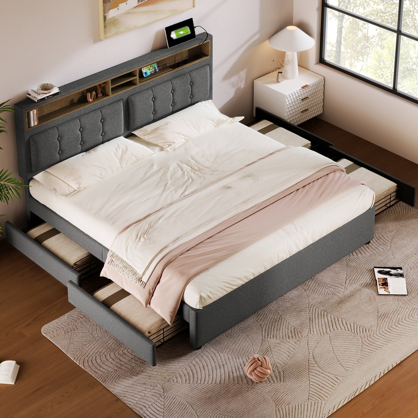 Double Bed, Upholstered with 4 Drawers & USB-C, 140x200cm, Wood Frame