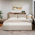 Upholstered Double Bed, USB-C Charging Headboard Storage 140x200, Linen Material