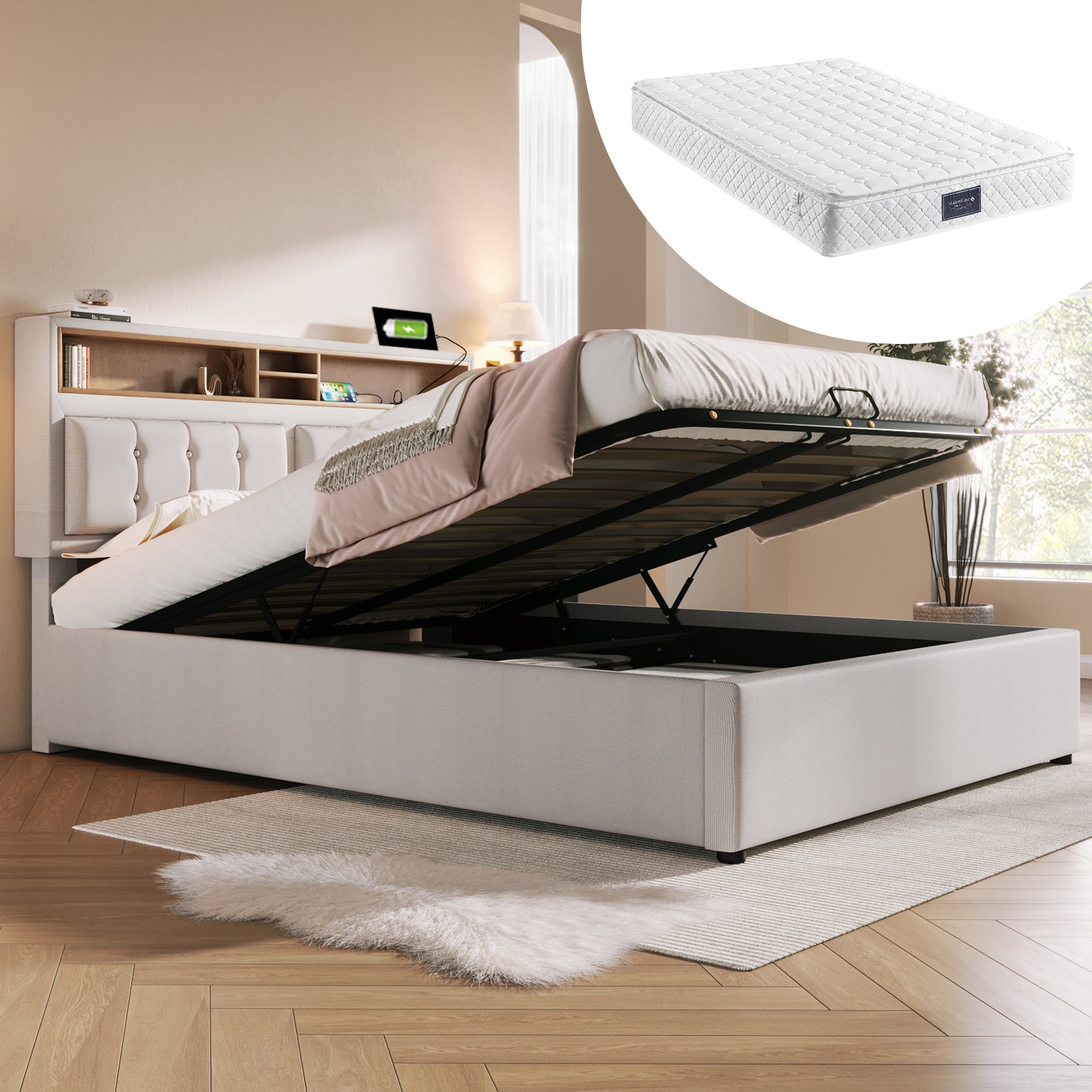 Upholstered Double Bed, USB-C Charging Headboard Storage 140x200, Linen Material