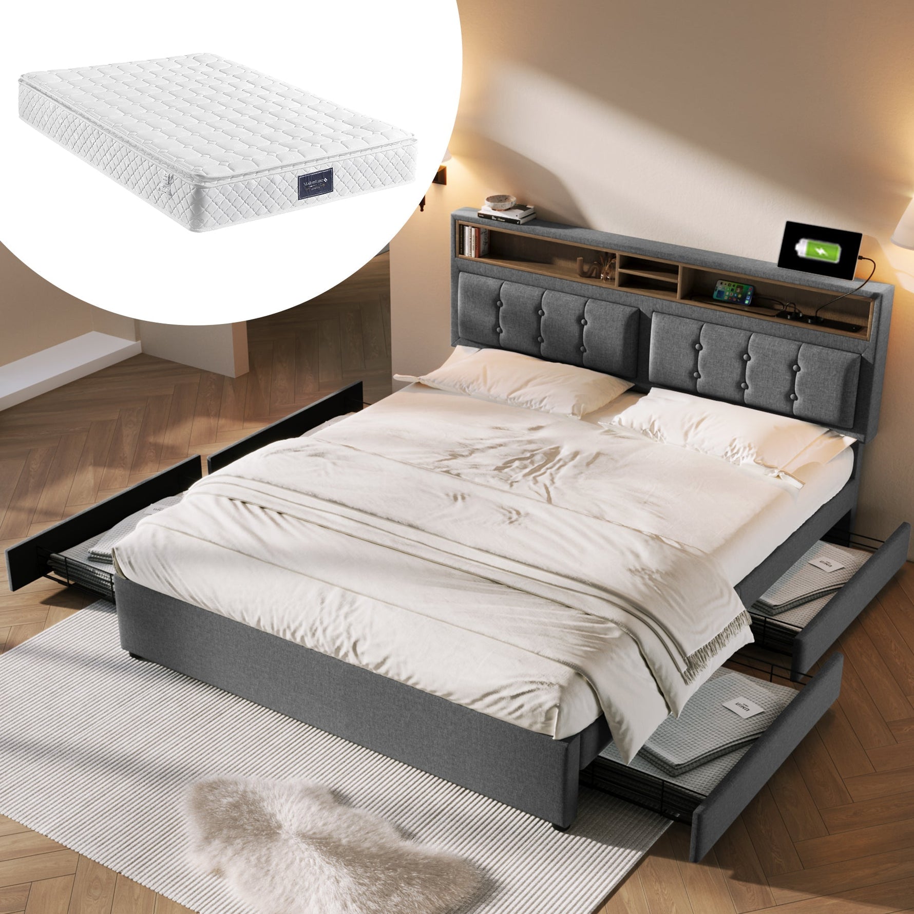 Double Bed with 4 Drawers & USB C Socket, 140x200cm Upholstered, Wooden Slatted Frame