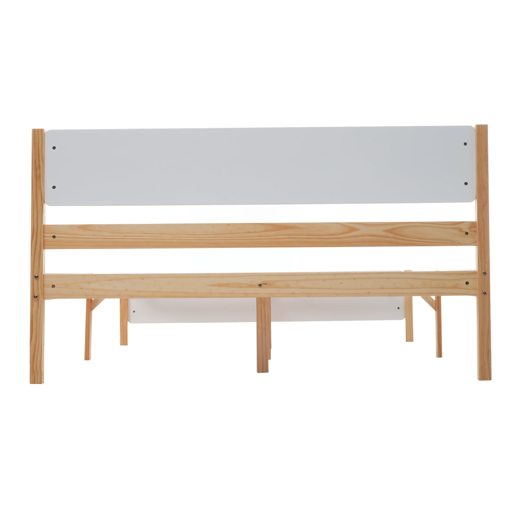 Double bed, wooden pinewood frame with central leg, with MDF headboard and footboard, white + natural, 140x200 cm