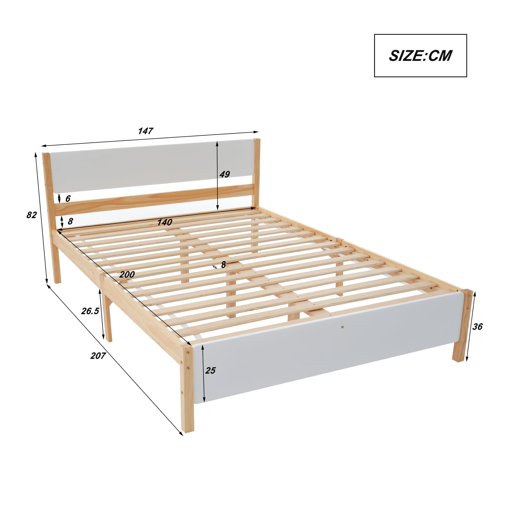 Double bed, wooden pinewood frame with central leg, with MDF headboard and footboard, white + natural, 140x200 cm