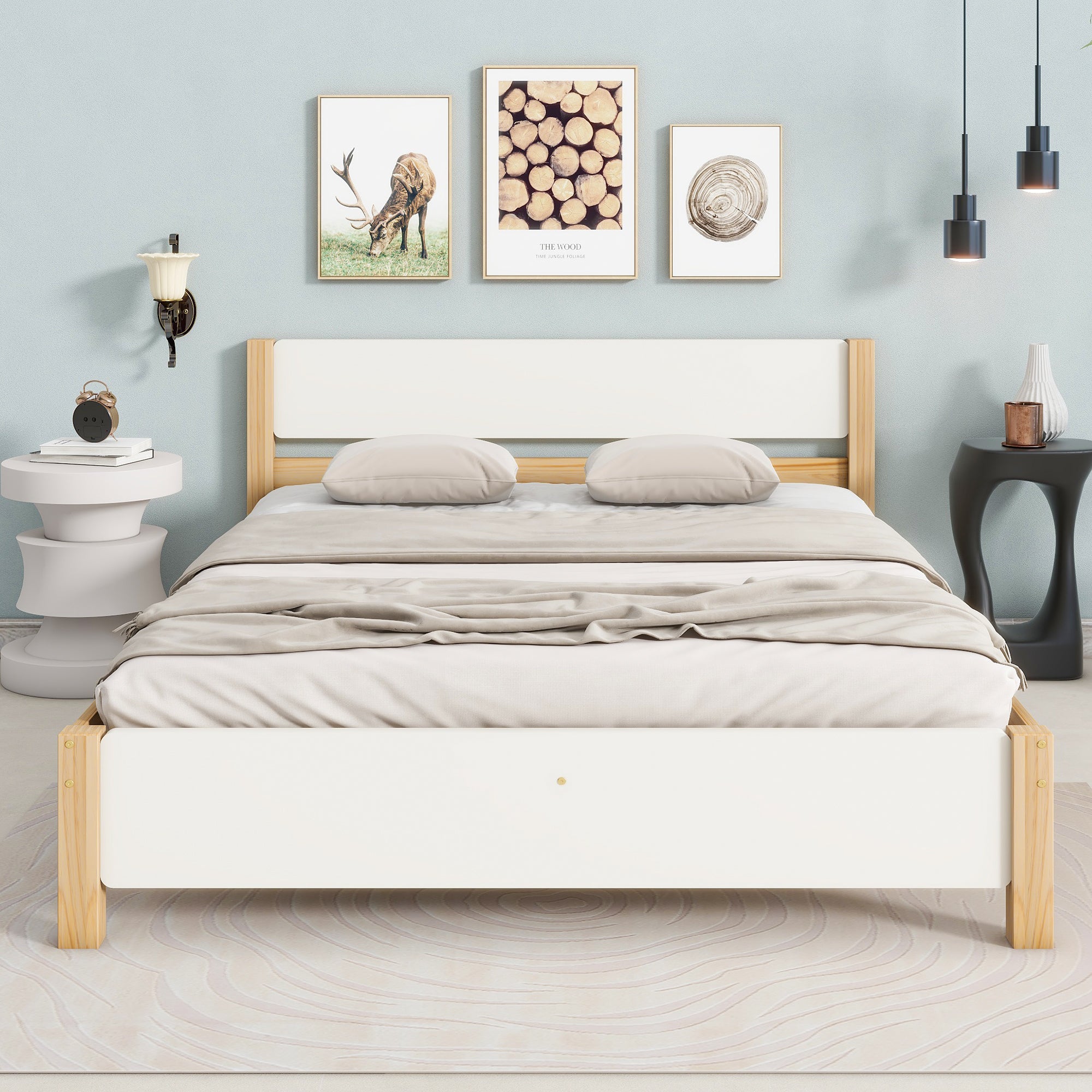 Double bed, wooden pinewood frame with central leg, with MDF headboard and footboard, white + natural, 140x200 cm