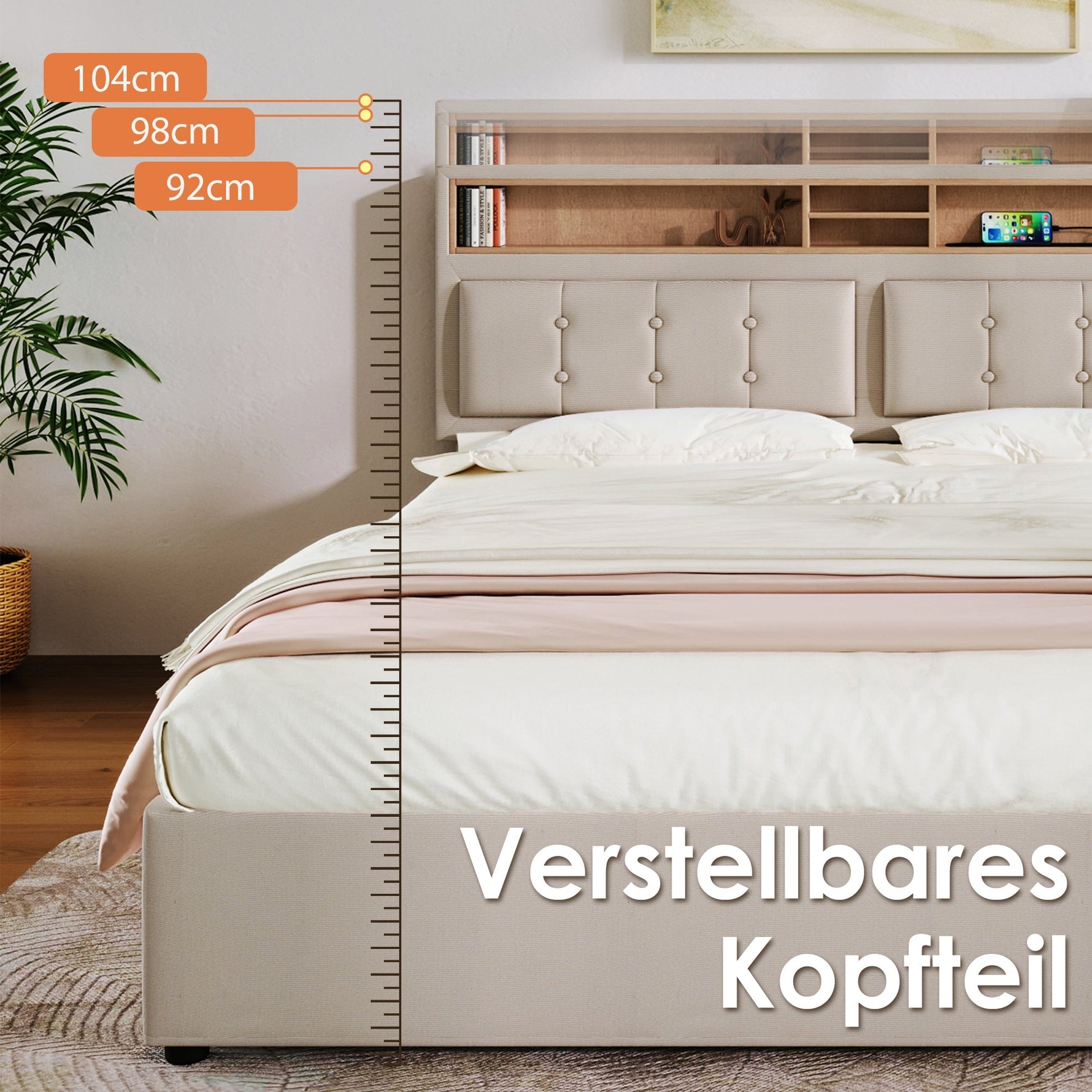 Double Bed with 4 Drawers & USB C Socket, 160x200cm, Adjustable Headboard, Wooden Slatted Frame, Upholstered