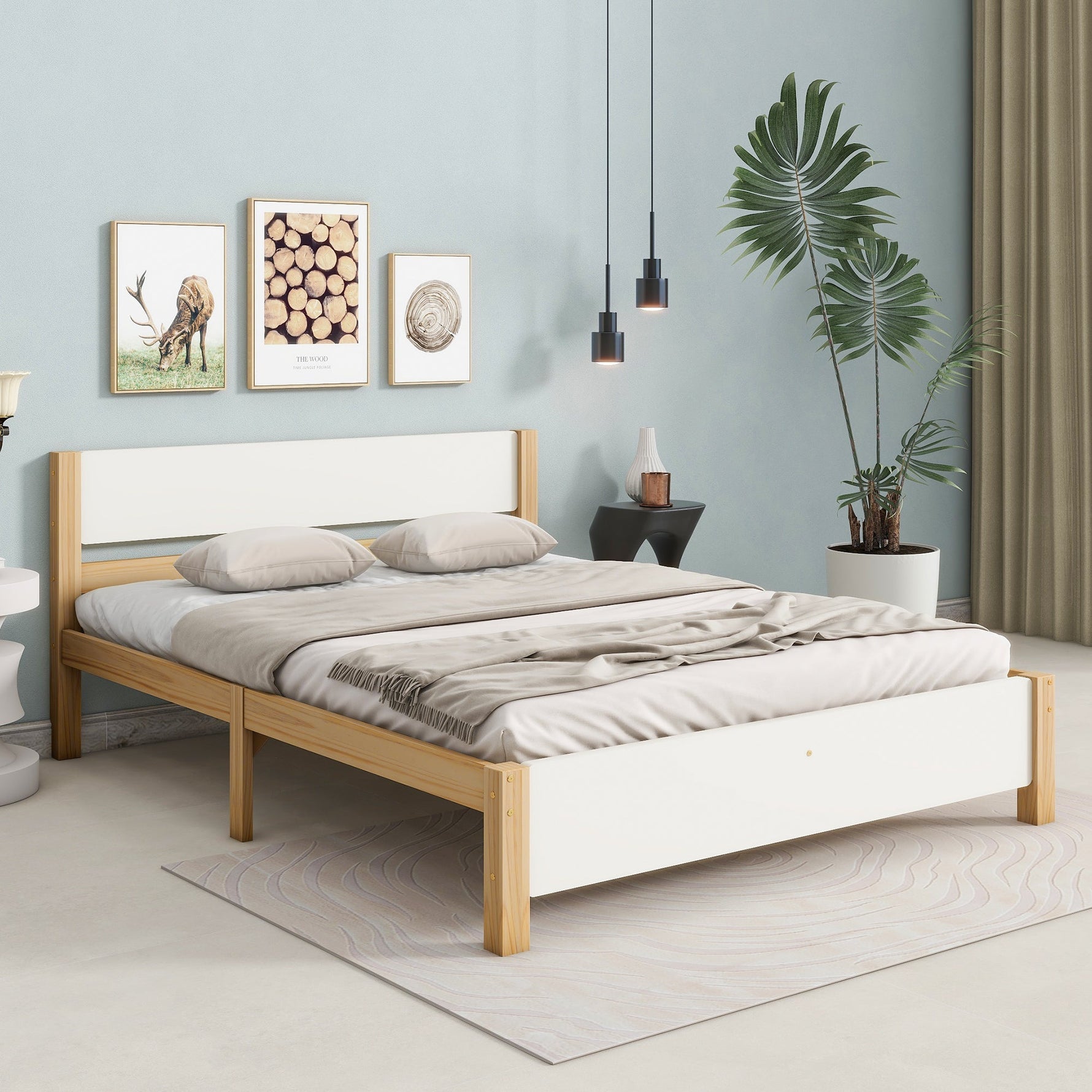 Double bed, wooden pinewood frame with central leg, with MDF headboard and footboard, white + natural, 140x200 cm