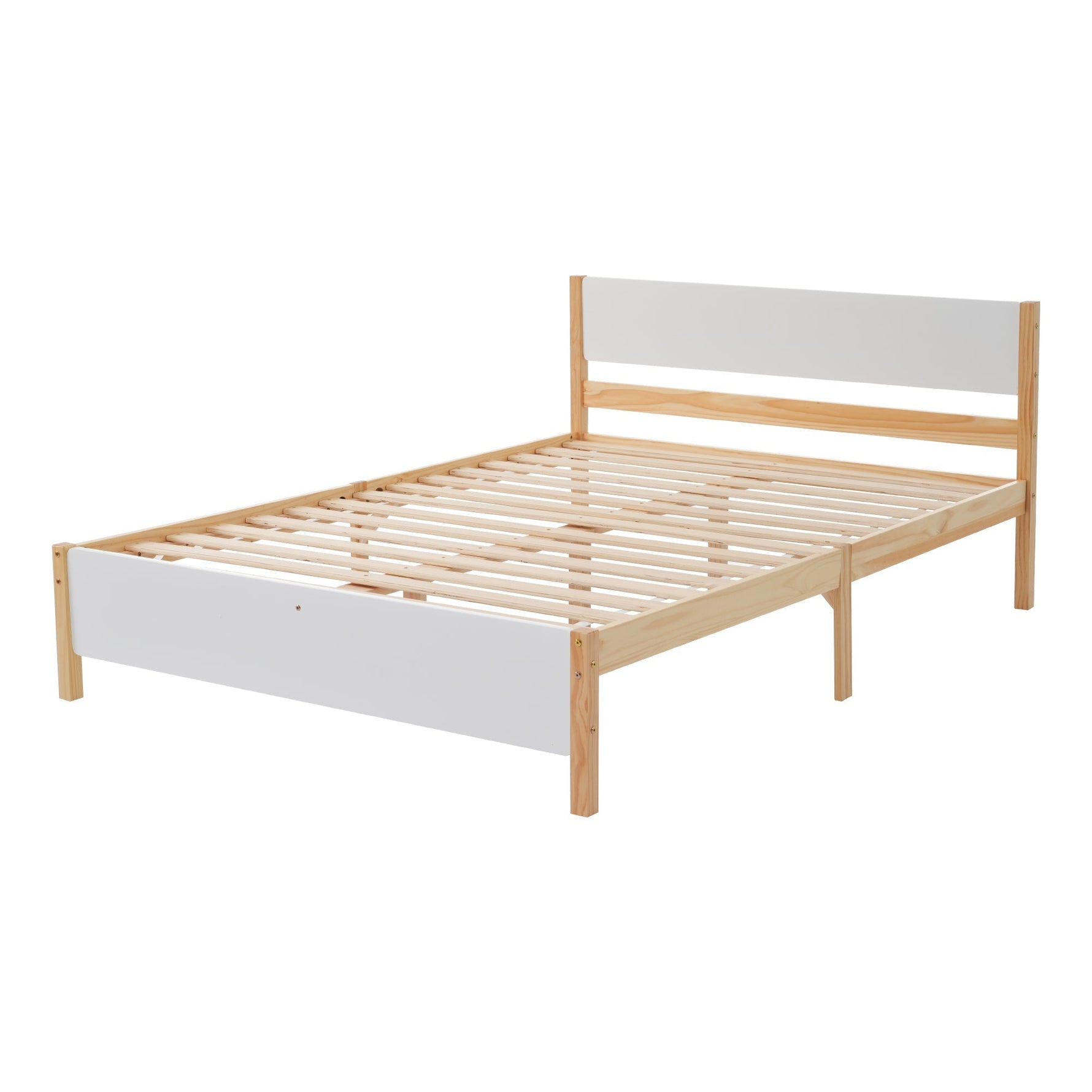 Double bed, wooden pinewood frame with central leg, with MDF headboard and footboard, white + natural, 140x200 cm