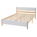 Double bed, wooden pinewood frame with central leg, with MDF headboard and footboard, white + natural, 140x200 cm