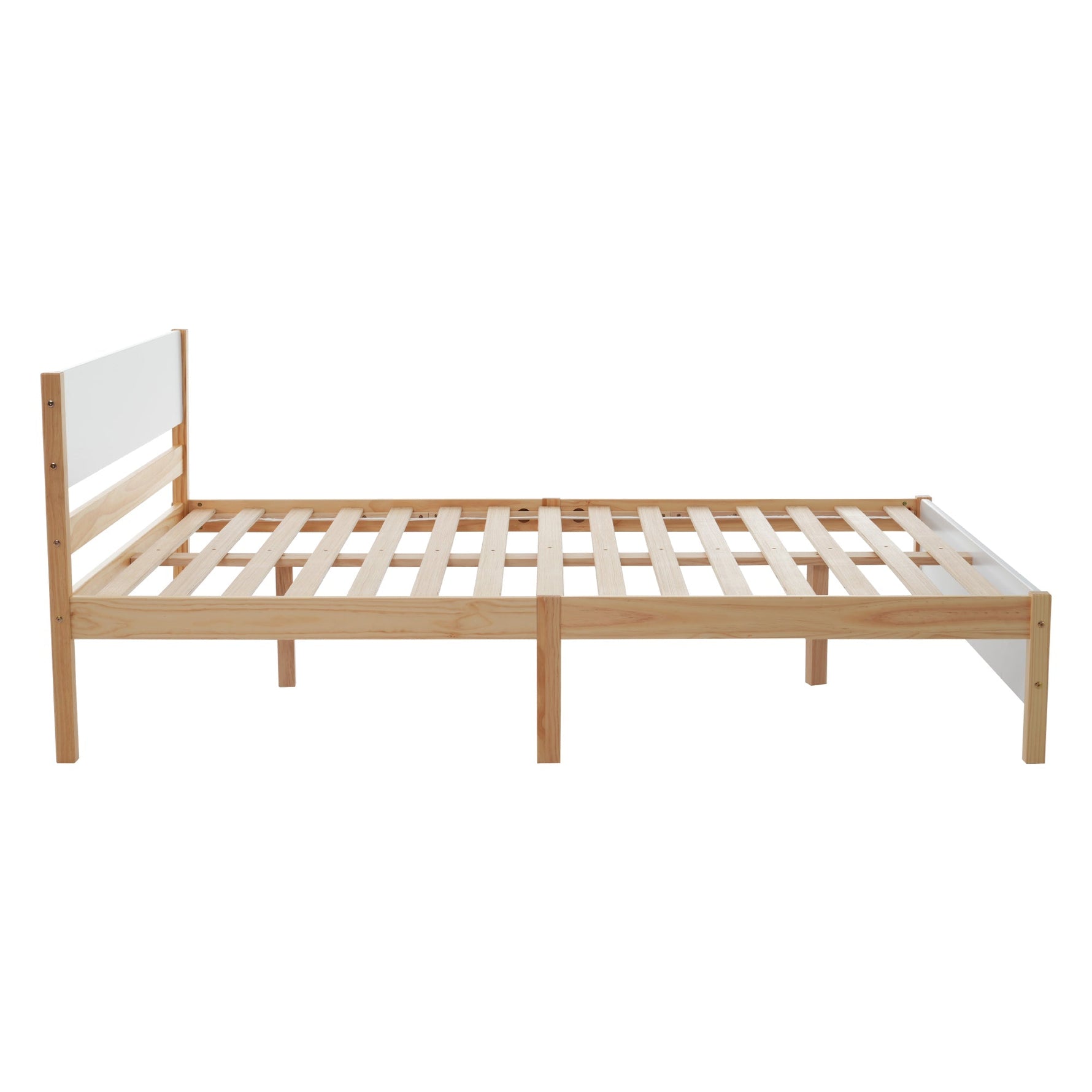 Double bed, wooden pinewood frame with central leg, with MDF headboard and footboard, white + natural, 140x200 cm