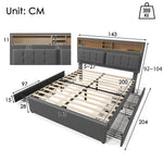 Double Bed with 4 Drawers & USB C Socket, 140x200cm Upholstered, Wooden Slatted Frame