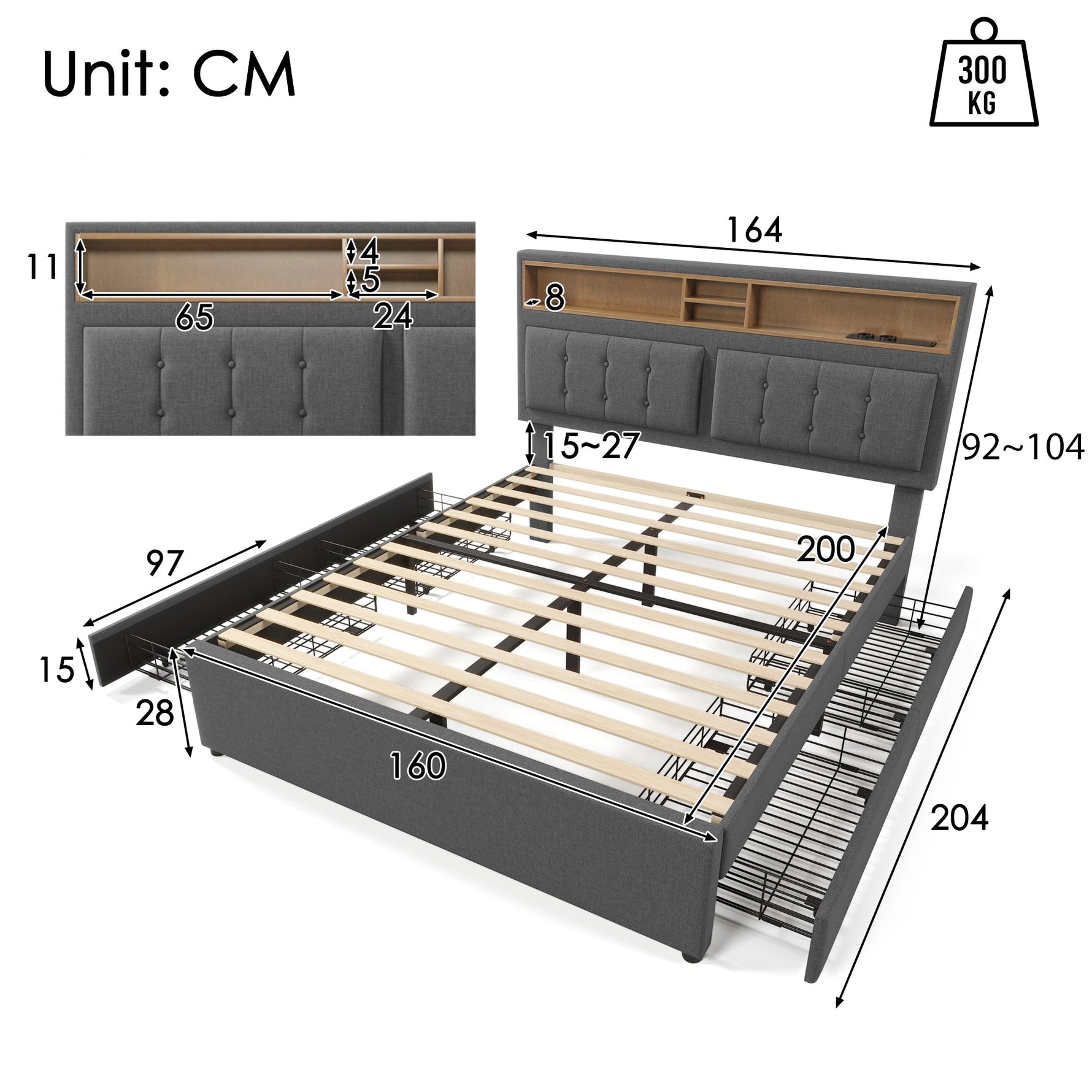 Double Bed with 4 Drawers & USB C Socket, 160x200cm, Adjustable Headboard, Wooden Slatted Frame