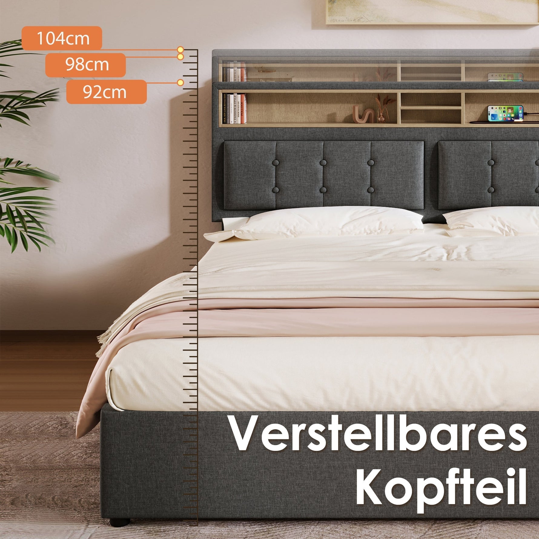 Double Bed, Upholstered with 4 Drawers & USB-C, 140x200cm, Wood Frame