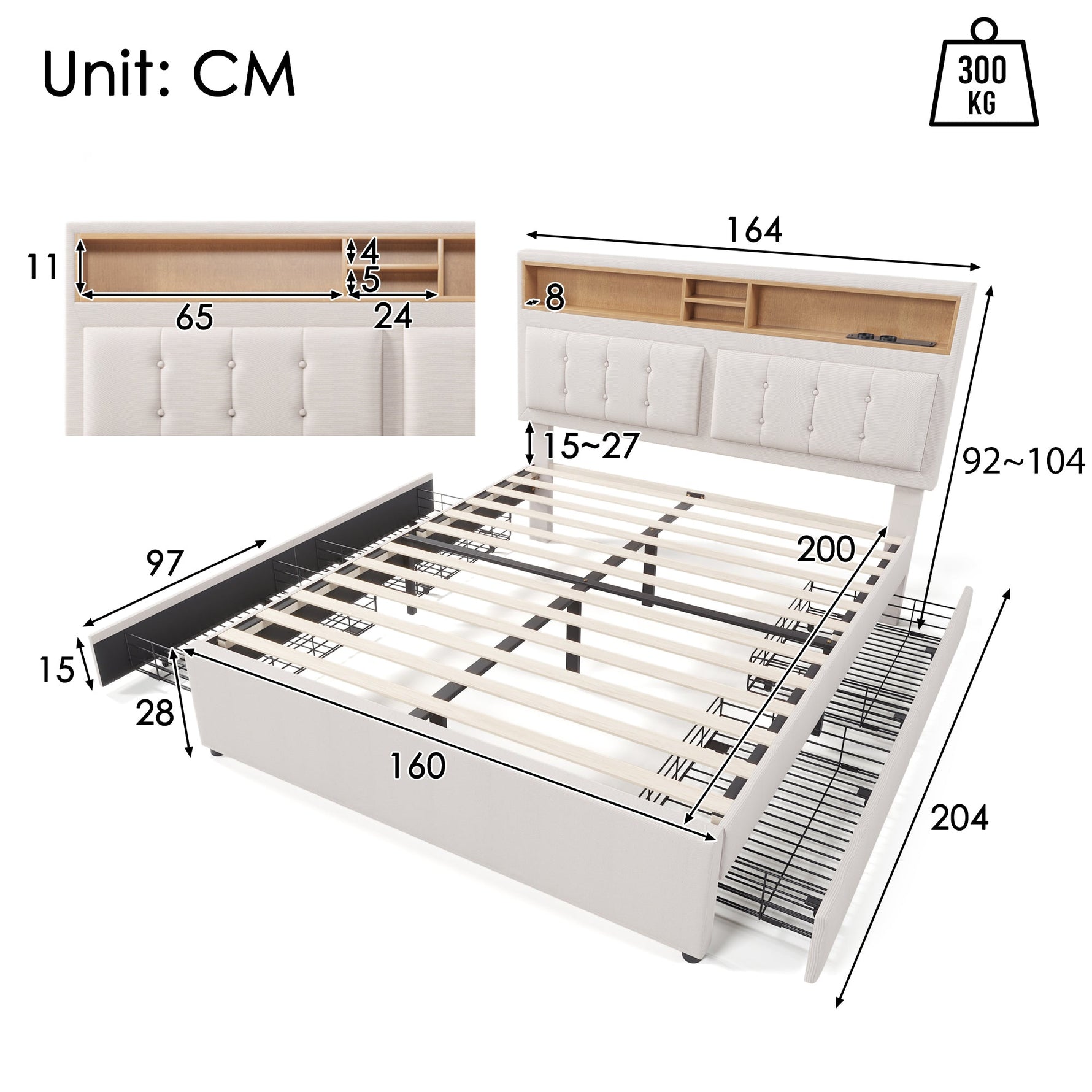 Double Bed, 4 Drawers USB C, Upholstered Adjustable Headboard, Wood
