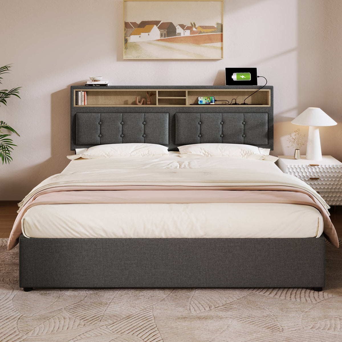 Upholstered Double Bed, USB C Headboard Storage, Linen