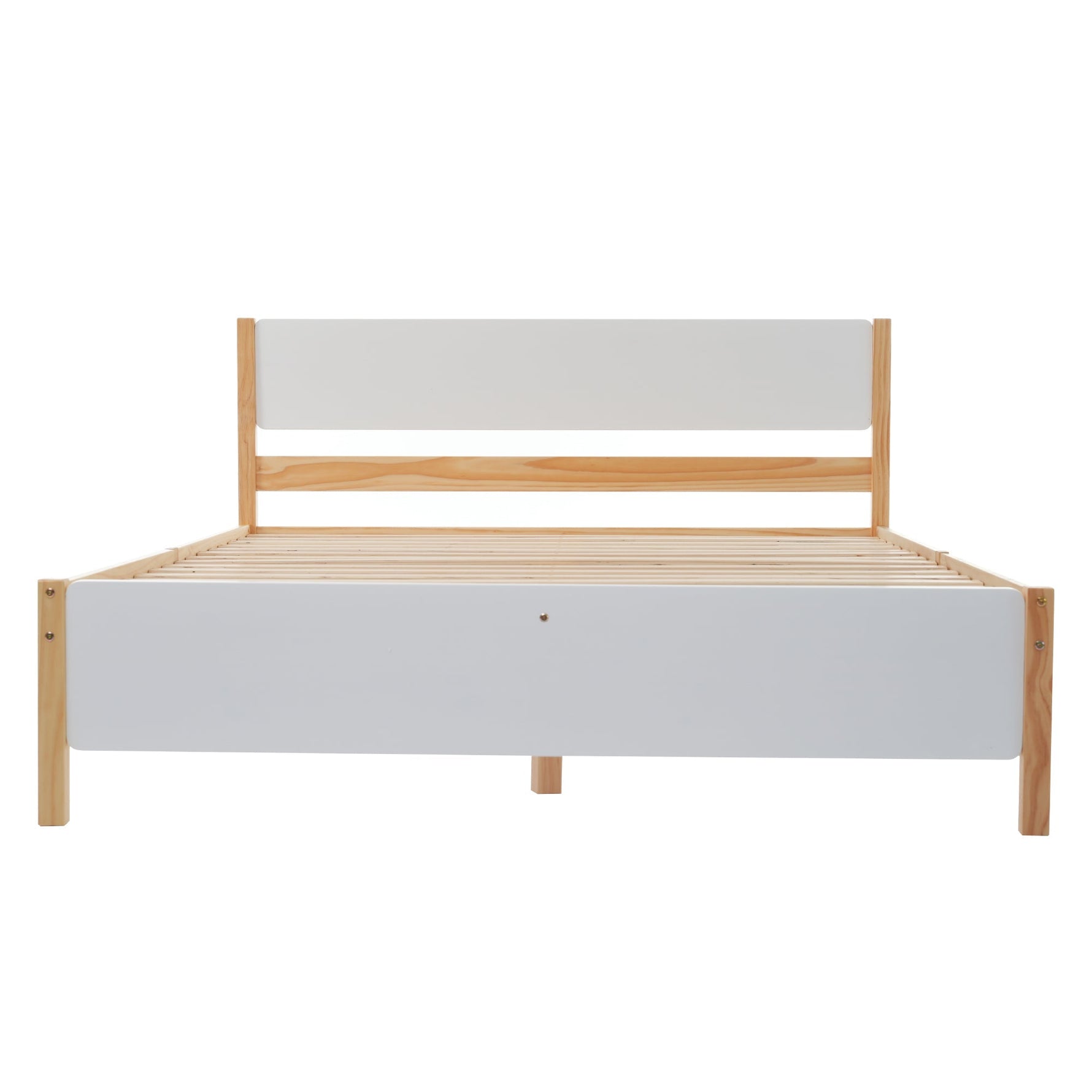 Double bed, wooden pinewood frame with central leg, with MDF headboard and footboard, white + natural, 140x200 cm