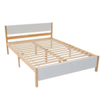 Double bed, wooden pinewood frame with central leg, with MDF headboard and footboard, white + natural, 140x200 cm