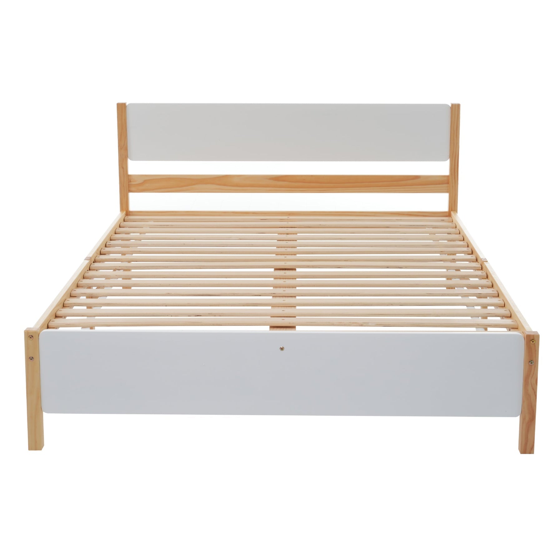 Double bed, wooden pinewood frame with central leg, with MDF headboard and footboard, white + natural, 140x200 cm
