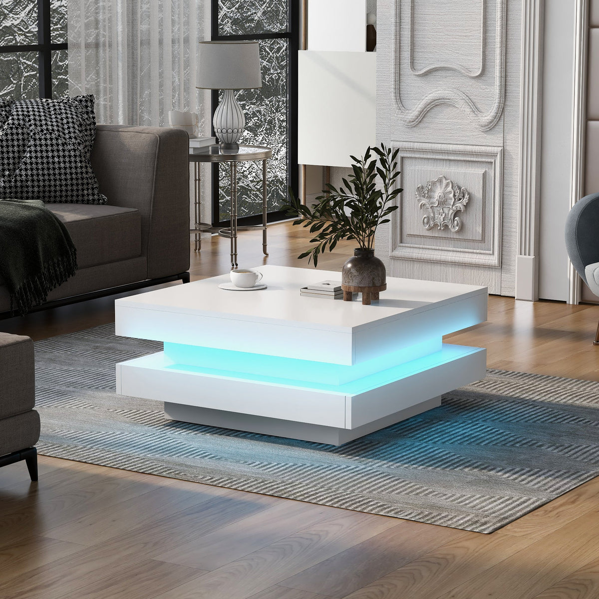 Square Coffee Table, Bluetooth LED Strip, 70x70x36 cm, White