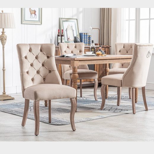 Dining Chair Set of 4 High Back Button Tufting Beige Velvet
