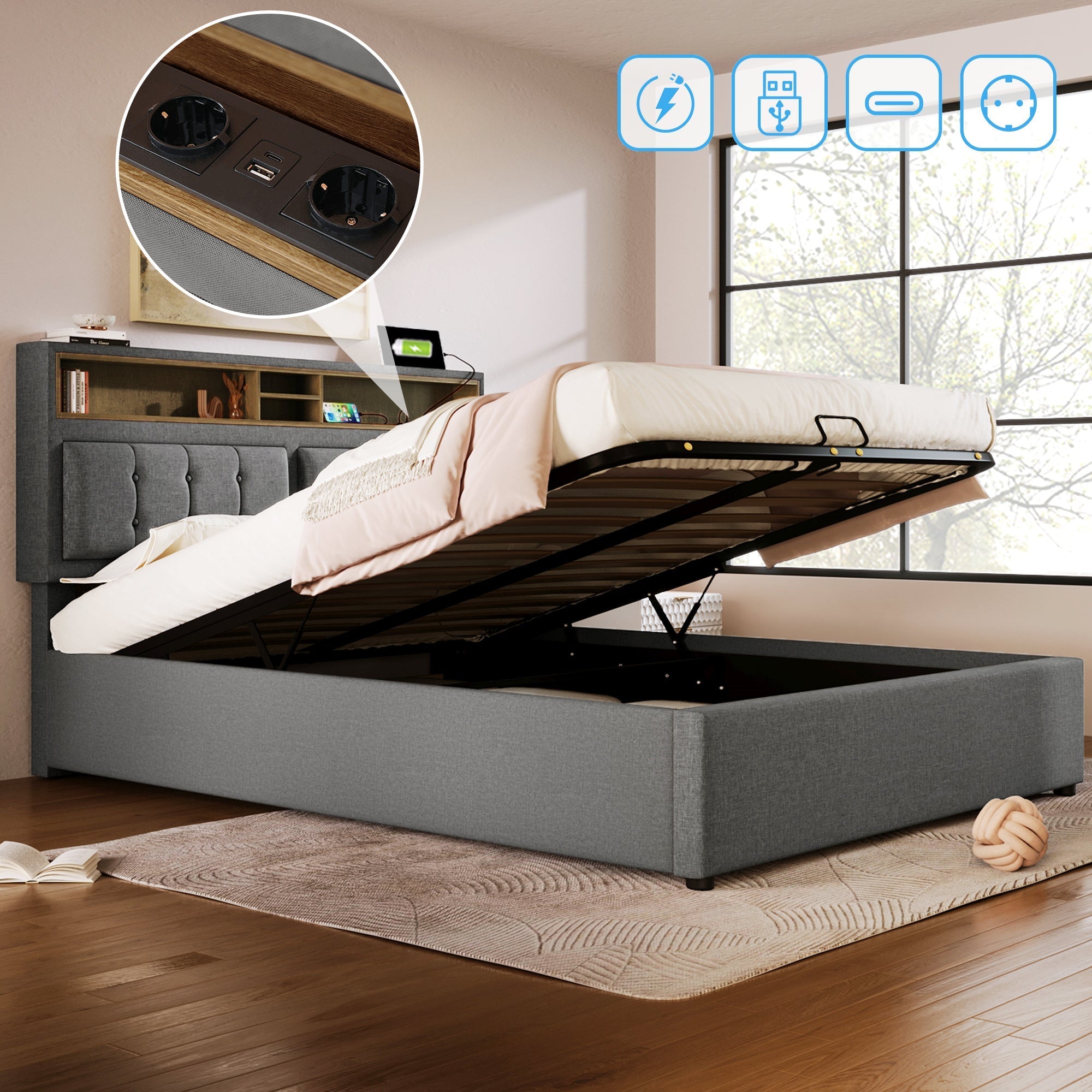 Upholstered Double Bed 160x200 USB-C Headboard Storage Linen Material