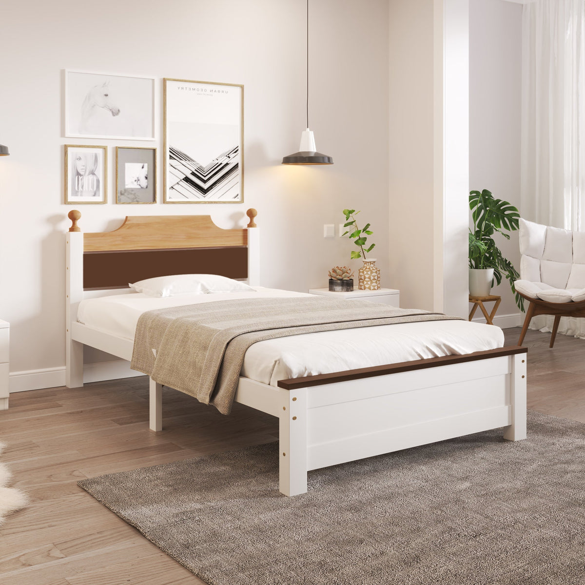 Single Bed Wooden Pine Wood Frame with MDF Head/Footboard 90x200 cm, White