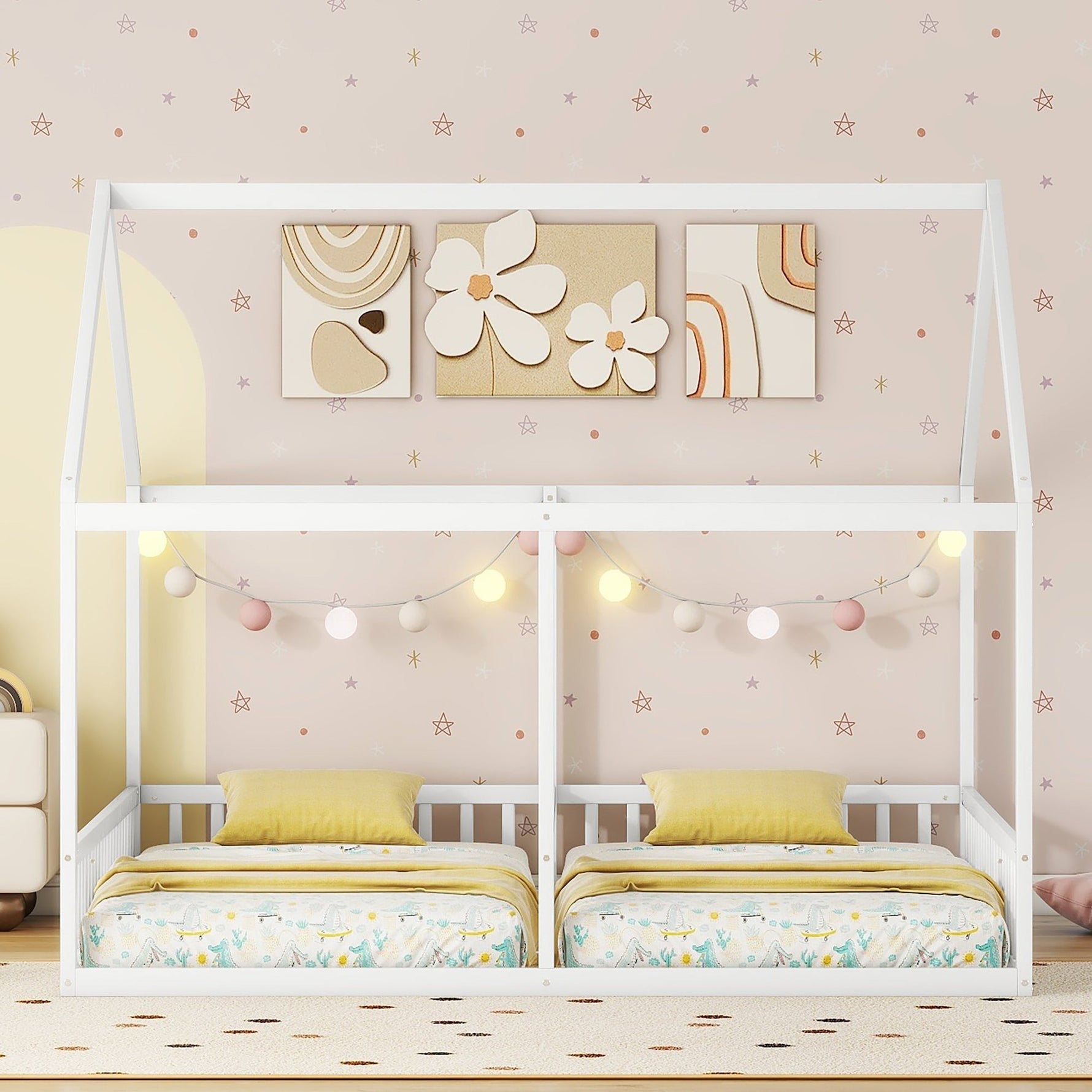 2-in-1 House Bed, 90x200cm Single Flat Bed, White