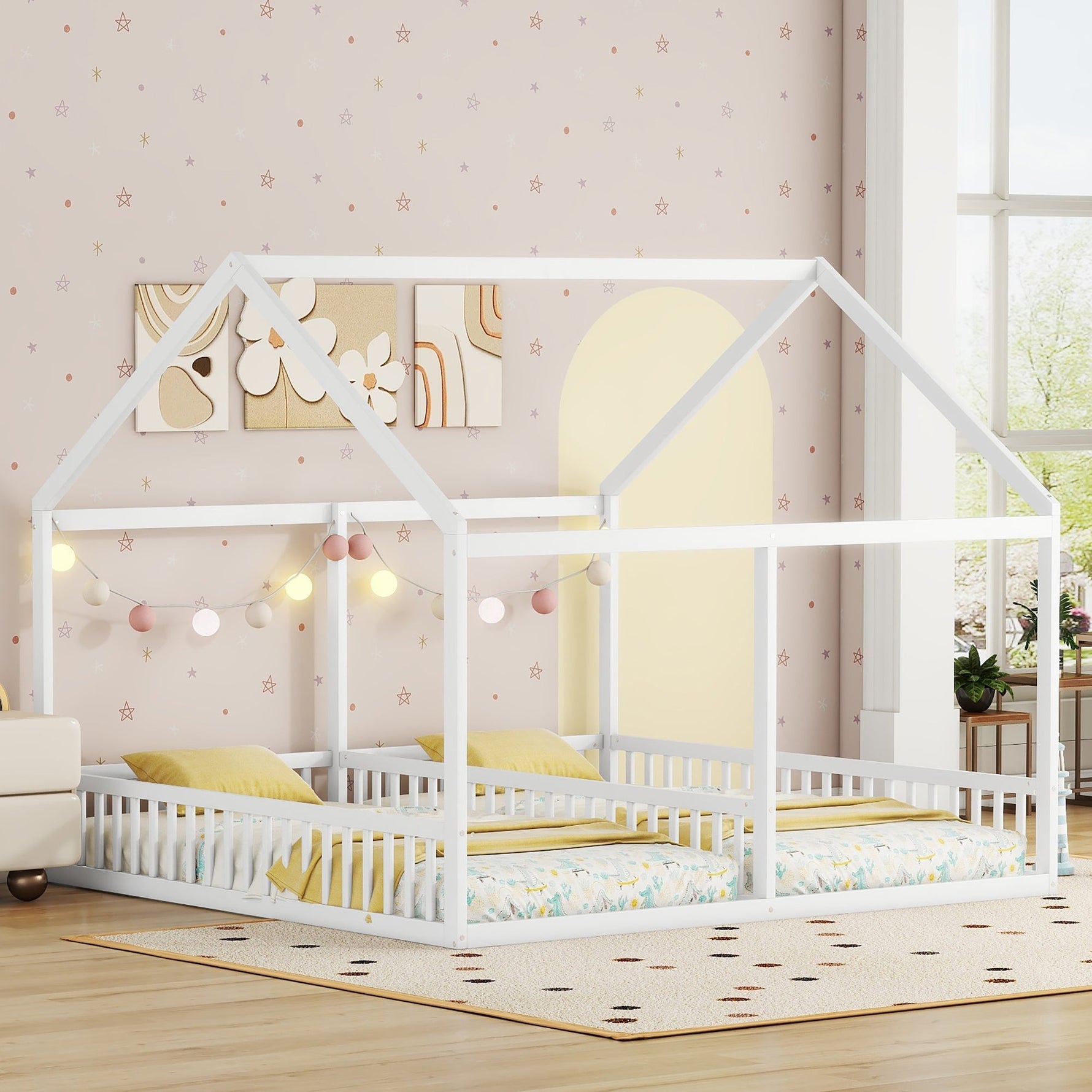 2-in-1 House Bed, 90x200cm Single Flat Bed, White