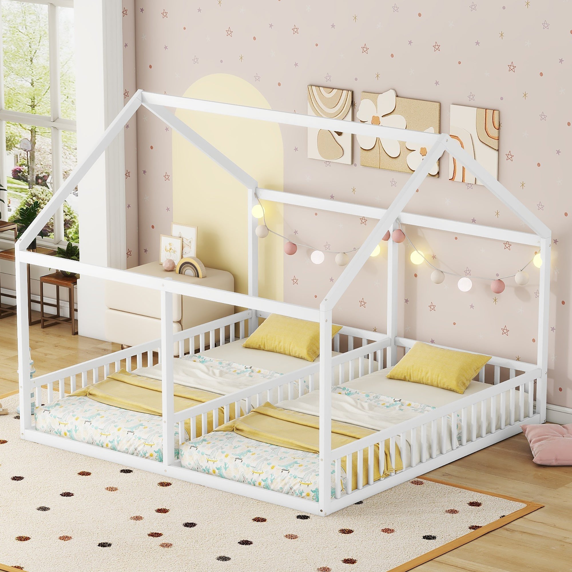 2-in-1 House Bed, 90x200cm Single Flat Bed, White