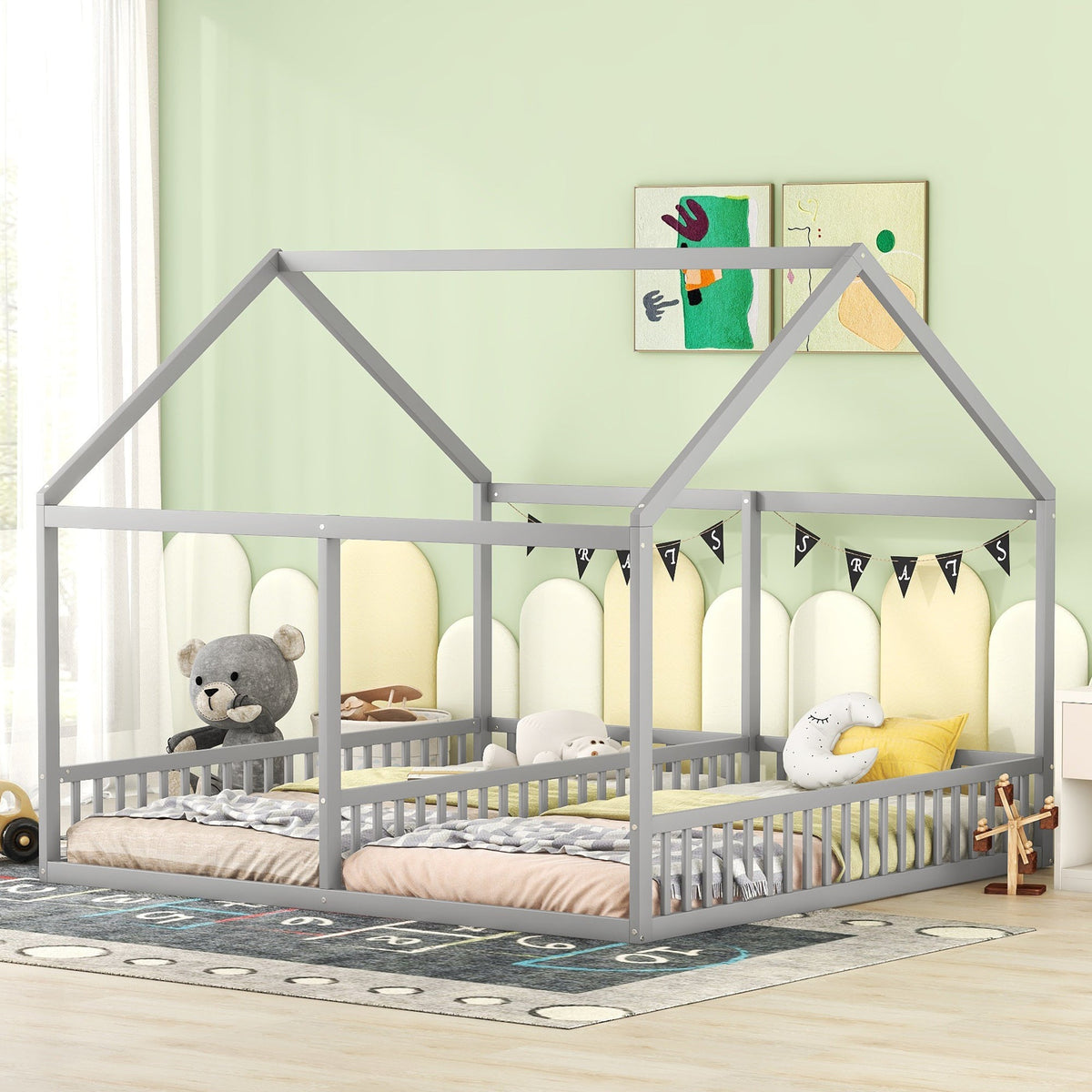 House Bed 90x200cm 2-in-1 Single Bed Grey