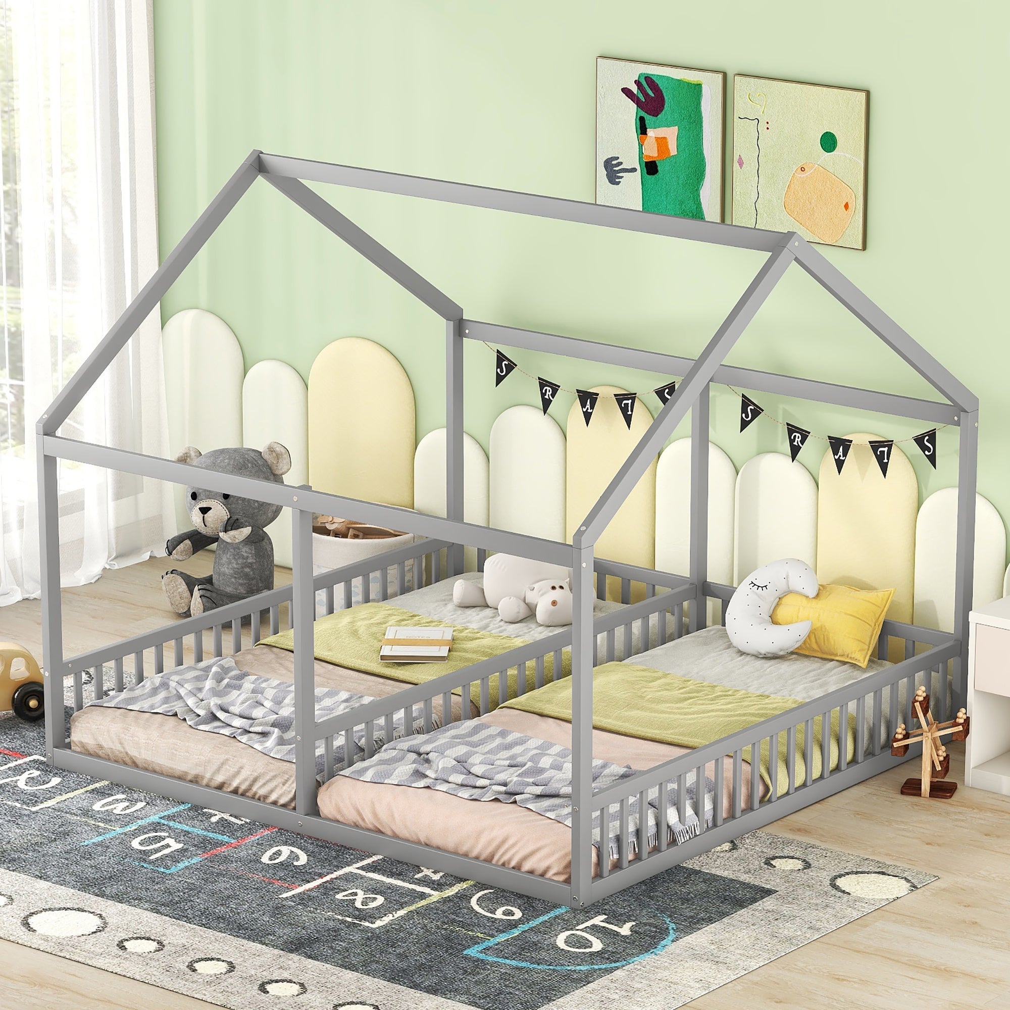 House Bed 90x200cm 2-in-1 Single Bed Grey