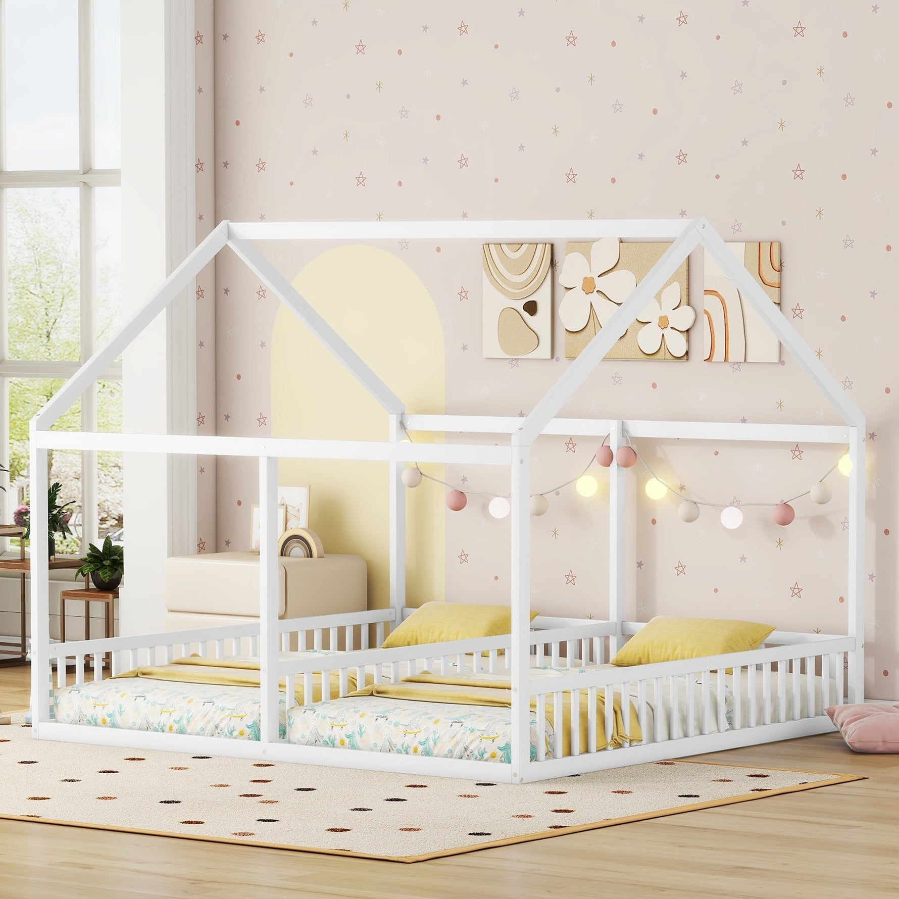 2-in-1 House Bed, 90x200cm Single Flat Bed, White