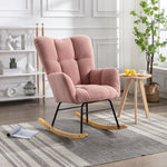 Mid Century Modern Rocking Chair, Tufted Teddy Fabric, Padded Seat, Pink