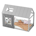 90 x 200 Children's Bed, House-Shaped with Roof and Window, Dark Grey and Light Grey