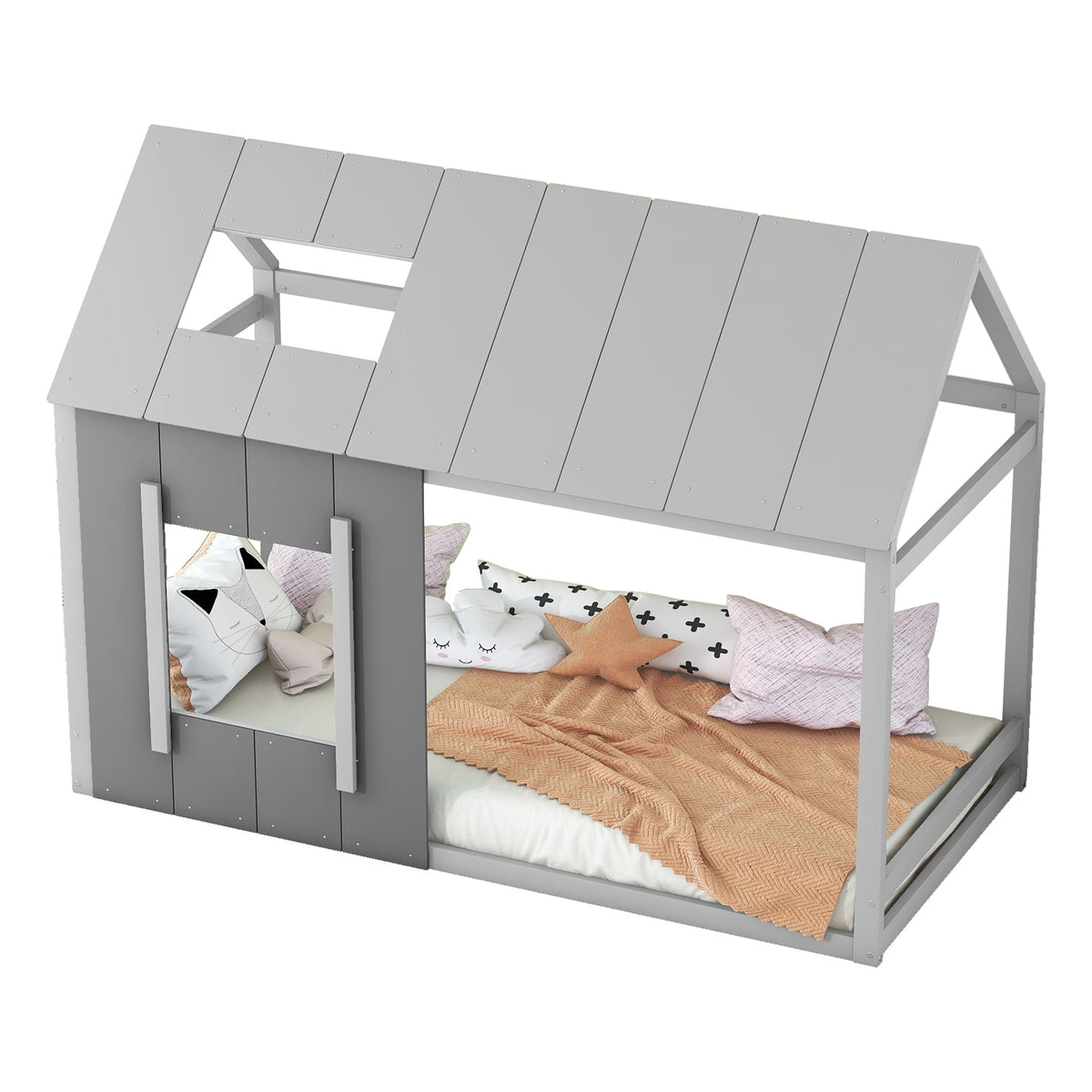 90 x 200 Children's Bed, House-Shaped with Roof and Window, Dark Grey and Light Grey