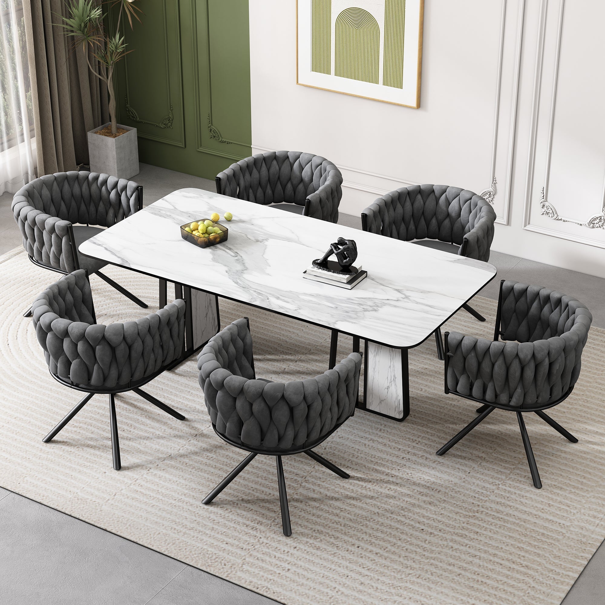 Velvet Swivel Dining Chairs, Set of 6, Leisure Armchair with Metal Legs, Grey Velvet
