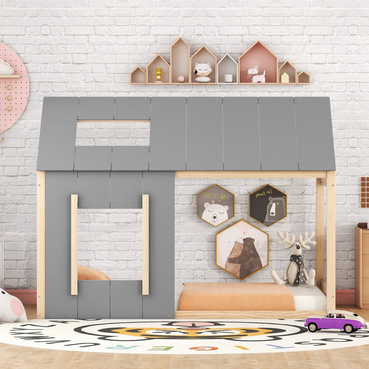 House Children's Bed 90x200cm with Roof and Window - Natural/Grey