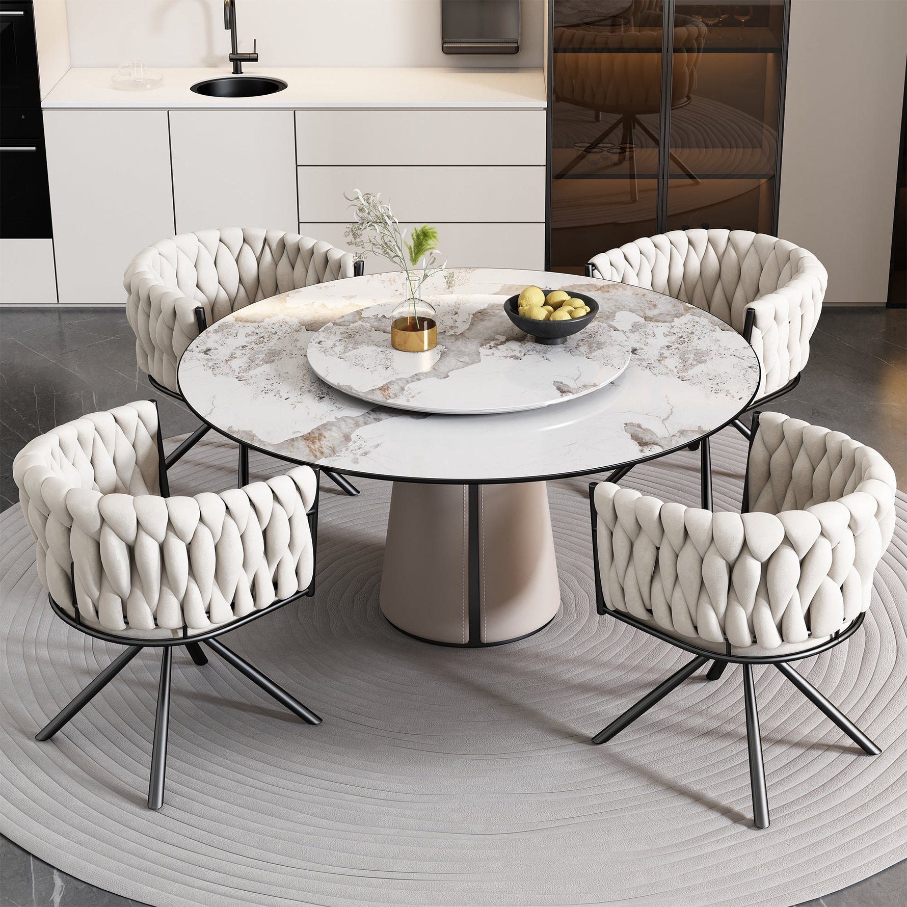 Velvet Dining Chair Set of 4 Swivel Metal Legs - Beige
