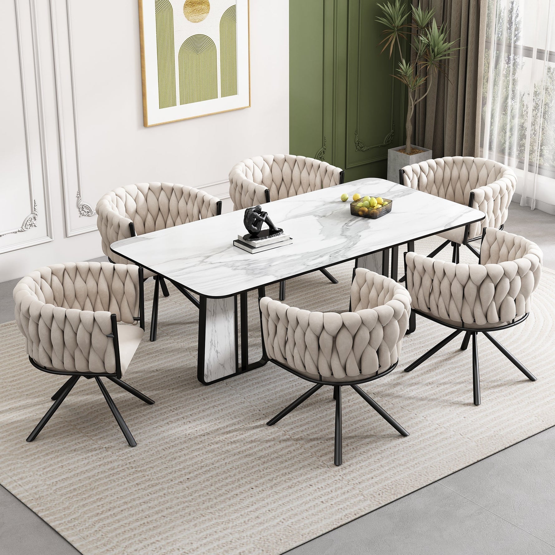 Velvet Dining Chair Set of 4 Swivel Metal Legs - Beige