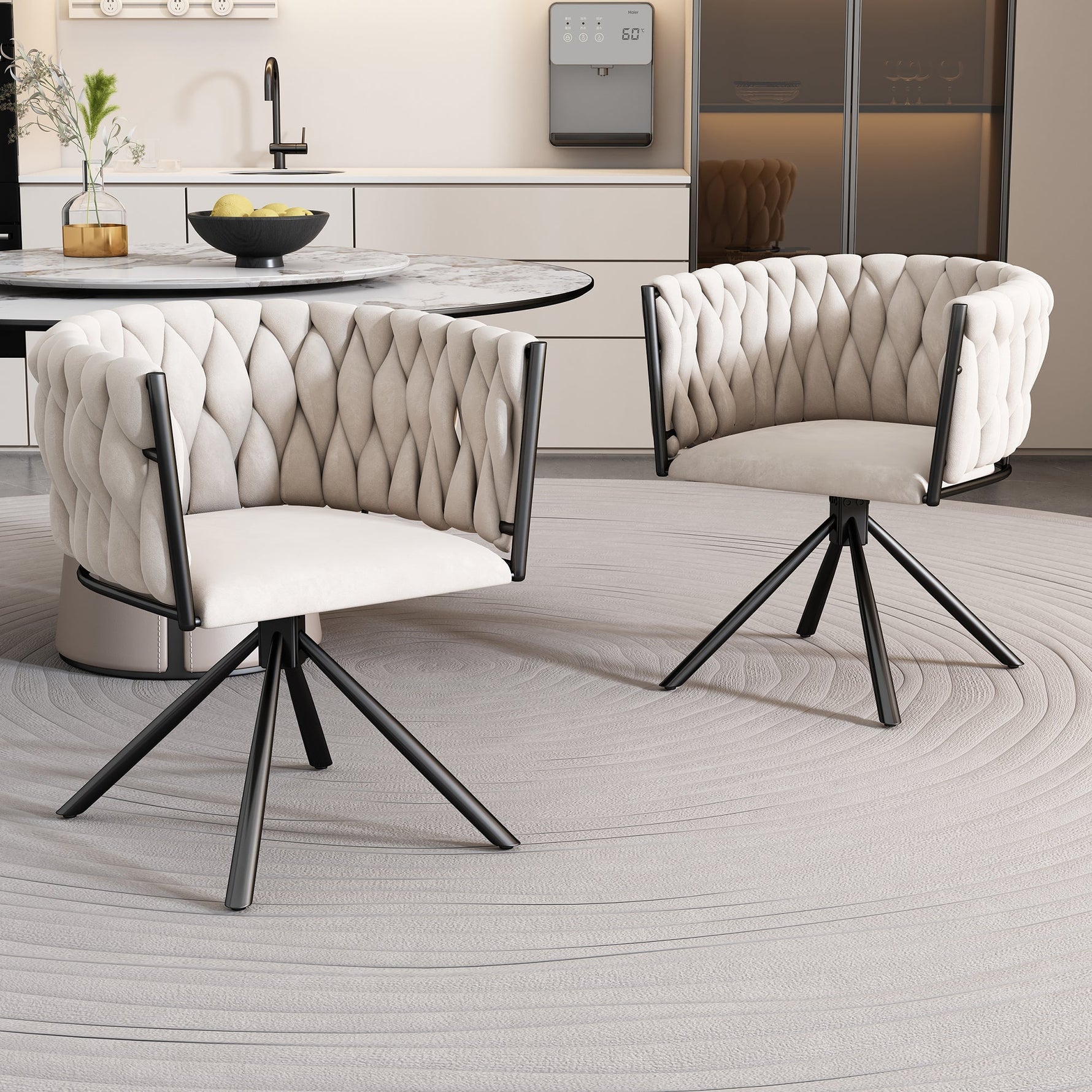 Velvet Dining Chair Single Swivel Metal Legs Beige