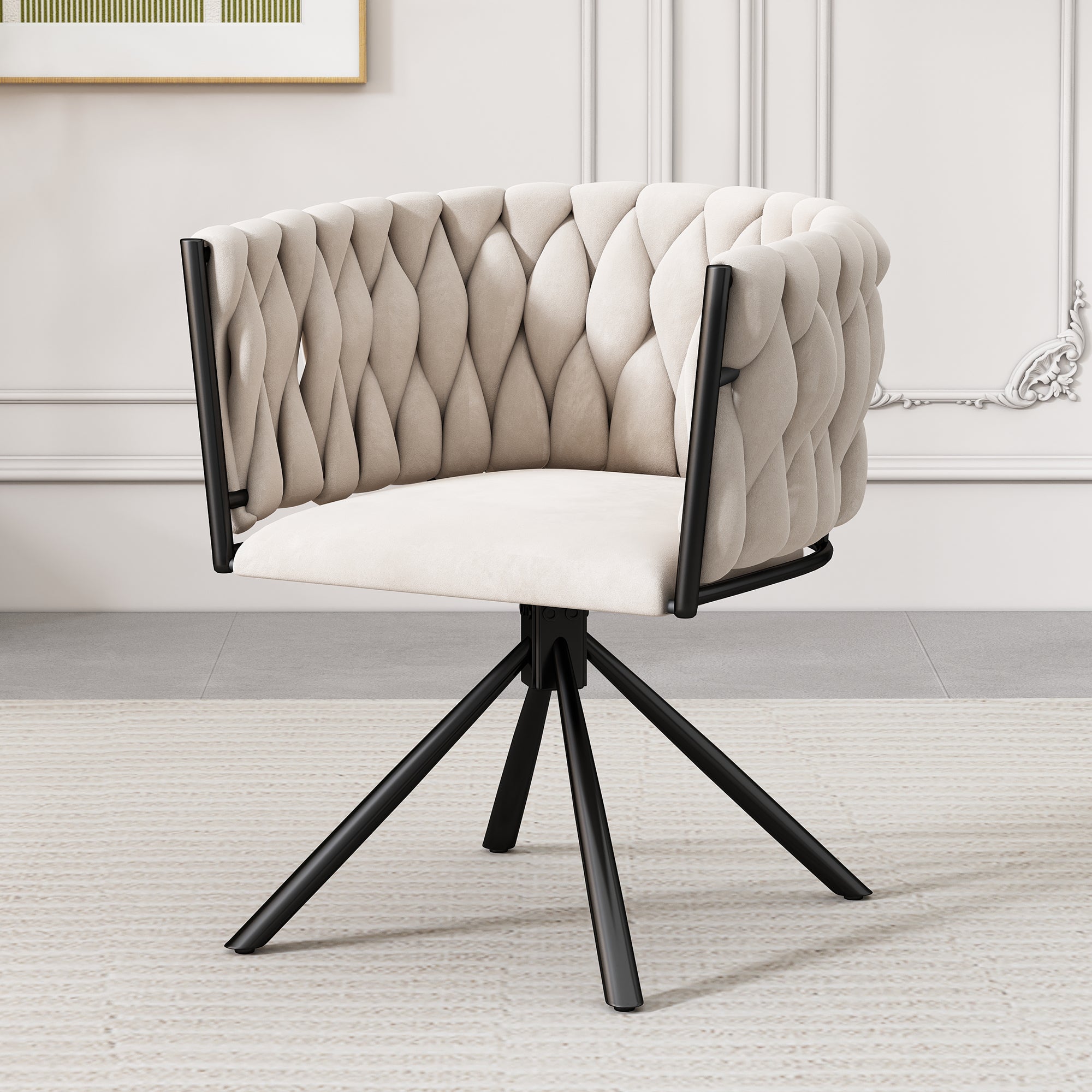 Velvet Dining Chair Single Swivel Metal Legs Beige