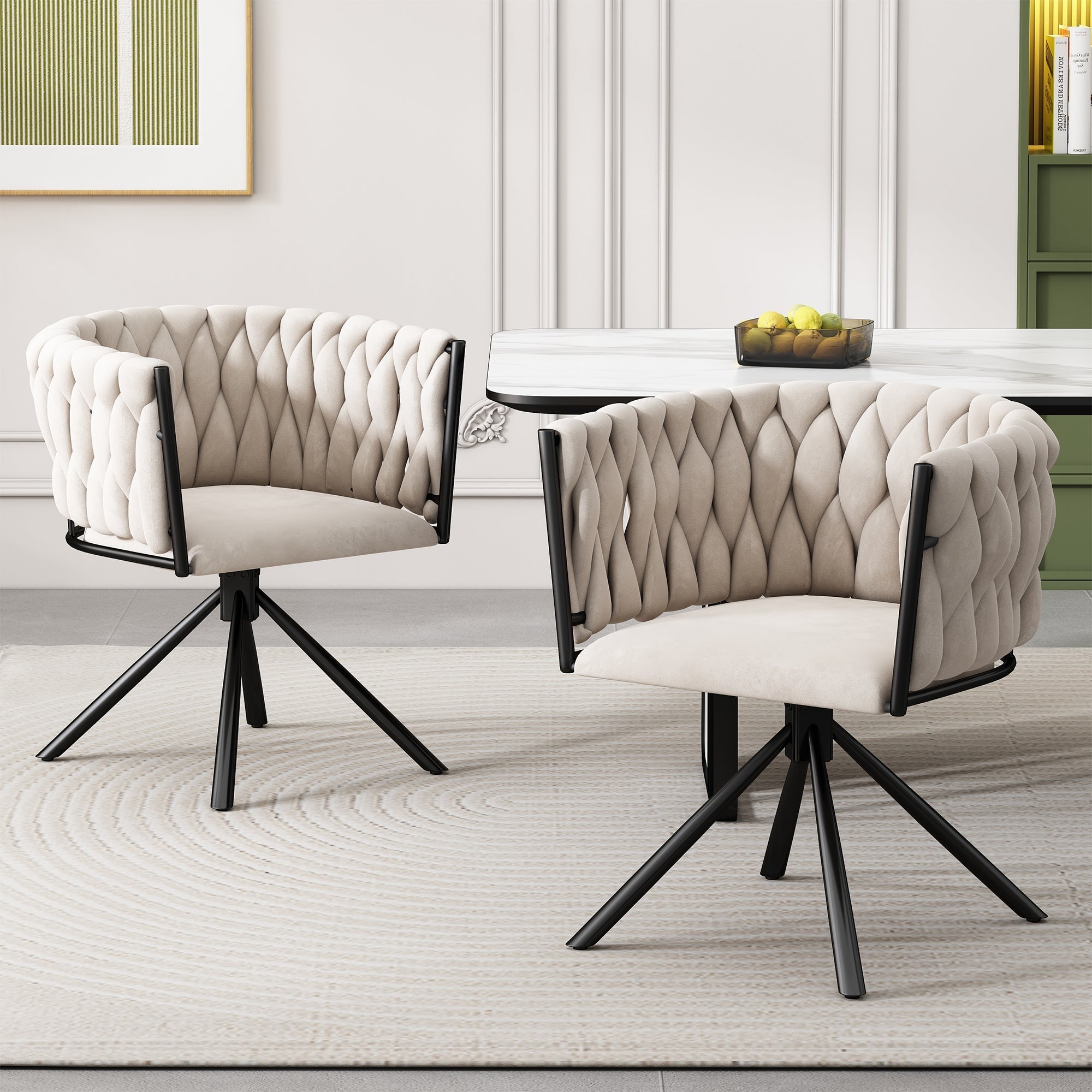 Velvet Dining Chair, Set of 2 Luxury Swivel Chairs with Metal Legs, Beige
