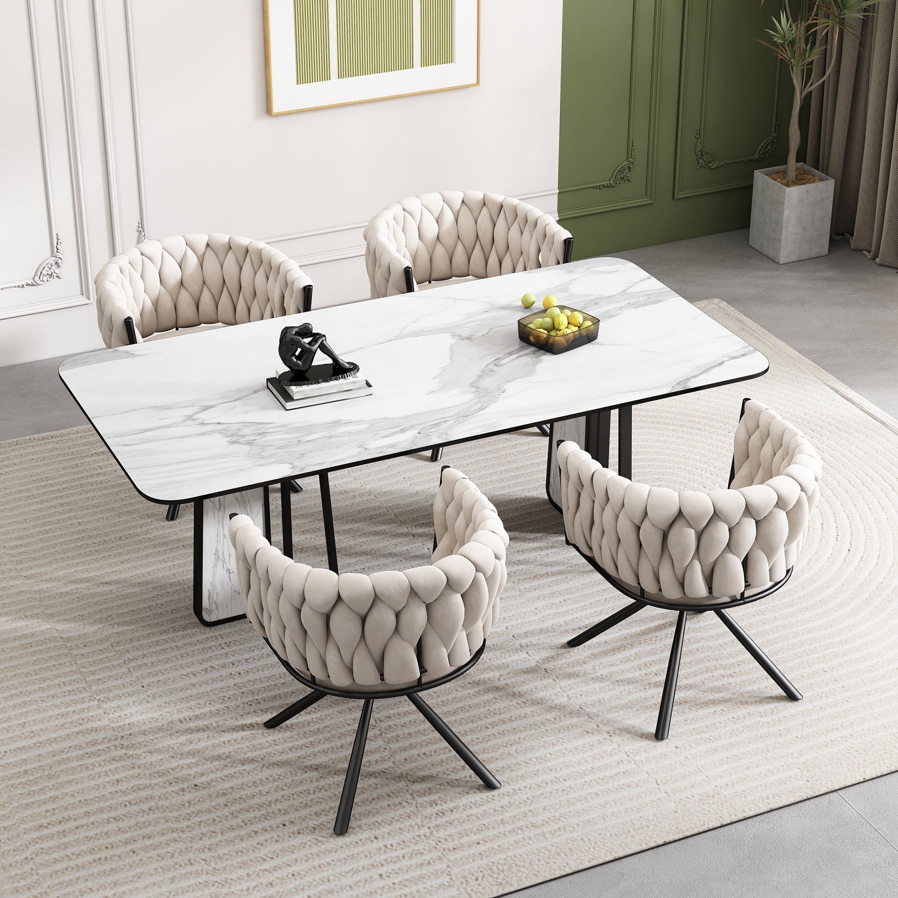 Velvet Dining Chair Set of 4 Swivel Metal Legs - Beige