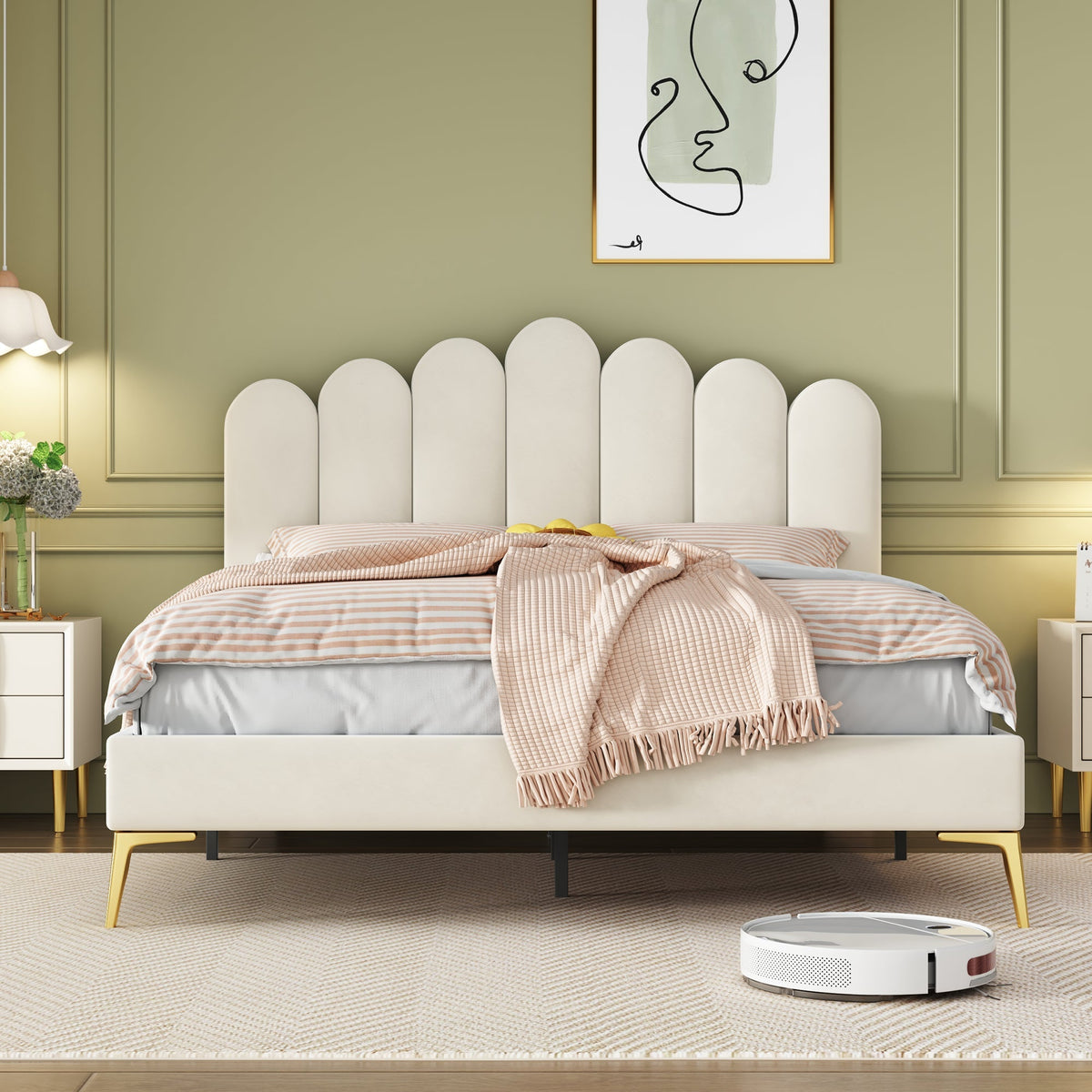 Upholstered Double Bed, 140x200cm with Headboard & Slatted Frame, Beige Velvet