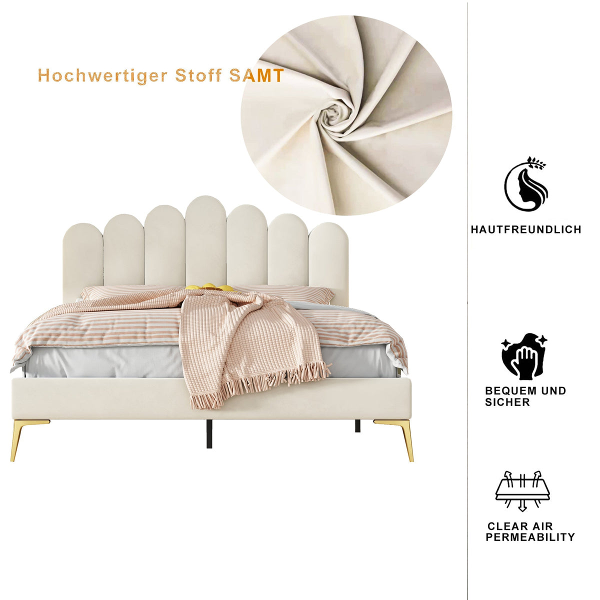 Upholstered Double Bed, 140x200cm with Headboard & Slatted Frame, Beige Velvet