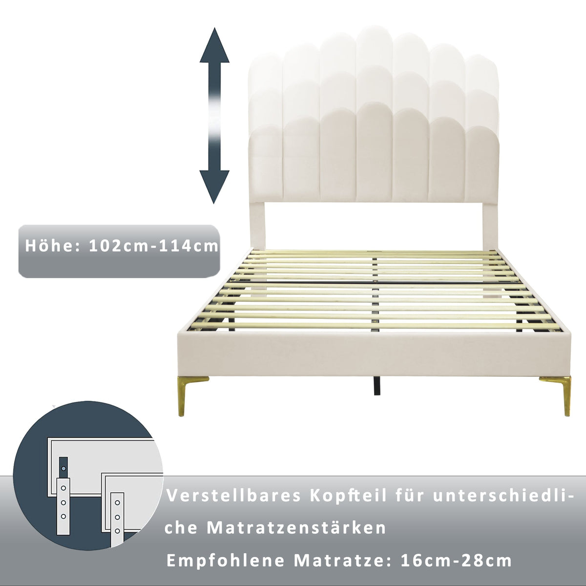 Upholstered Double Bed, 140x200cm with Headboard & Slatted Frame, Beige Velvet