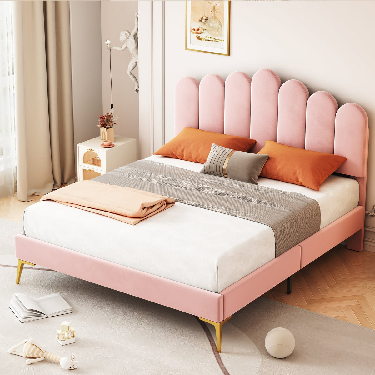 Upholstered Double Bed, 140x200cm, Headboard & Slatted Frame, Velvet Pink