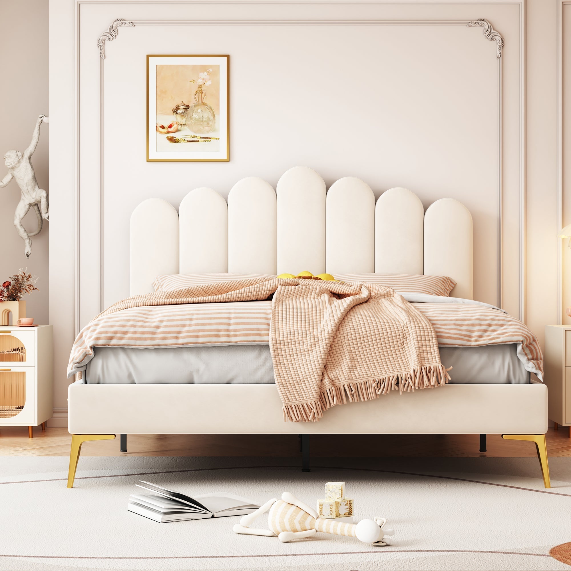Upholstered Double Bed, 140x200cm with Headboard & Slatted Frame, Beige Velvet